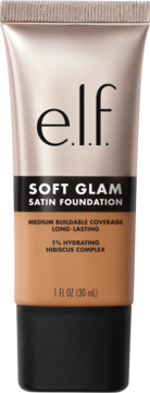 e.l.f. Soft Glam Satin Foundation w złoto-czarnej tubce. Beżowy, nawilżający podkład, średnie krycie, widok z przodu.
