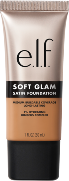 e.l.f. Soft Glam Satin Foundation w złoto-czarnej tubce. Beżowy, nawilżający podkład, średnie krycie, widok z przodu.