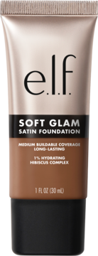 e.l.f. Soft Glam Satin Foundation w ciemnej, brązowo-złotej tubce z czarnym dnem, widok z przodu.