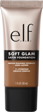 e.l.f. Soft Glam Satin Foundation w złoto-brązowej tubce, nawilżający, średnie krycie, widok z przodu.