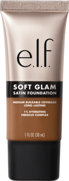 e.l.f. Soft Glam Satin Foundation in Deep Warm, hydrating, bronze tube with black bottom, front.