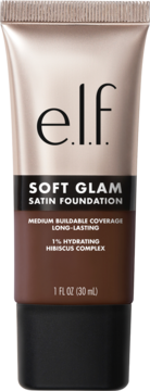 e.l.f. Soft Glam Satin Foundation tube, dark brown shade, rose gold top, front view, 1 FL OZ.