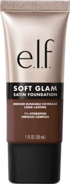 e.l.f. Soft Glam Satin Foundation tube, dark brown shade, rose gold top, front view, 1 FL OZ.