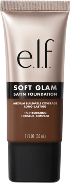e.l.f. Soft Glam Satin Foundation w odcieniu Rich Warm, brązowa tubka z szampańskim topem, widok z przodu.