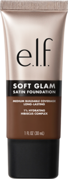 e.l.f. Soft Glam Satin Foundation w odcieniu Rich Warm, brązowa tubka z szampańskim topem, widok z przodu.