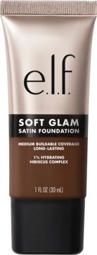 e.l.f. Soft Glam Satin Foundation Rich Warm w brązowo-złotej tubce, widok z przodu, 1% Hydrating.