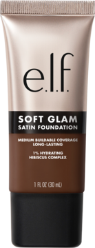 e.l.f. Soft Glam Satin Foundation Rich Warm w brązowo-złotej tubce, widok z przodu, 1% Hydrating.