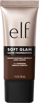 e.l.f. Soft Glam Satin Foundation, nawilżający podkład w brązowej tubce z różowo-złotą górą, widok z przodu.