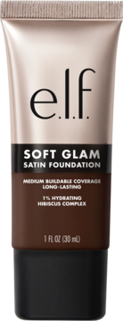 e.l.f. Soft Glam Satin Foundation, nawilżający podkład w brązowej tubce z różowo-złotą górą, widok z przodu.