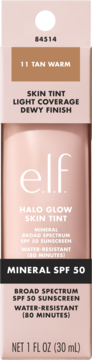 Nawilżający tint e.l.f. Halo Glow 11 Tan Warm, serum z mineralnym SPF 50, opakowanie pionowe, dewy finish.
