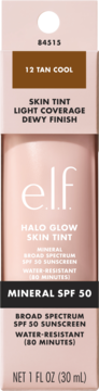 Front view e.l.f. Halo Glow Skin Tint, 12 Tan Cool, SPF 50. Light pink box, light coverage dewy finish.