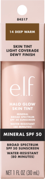 Jasnoróżowe opakowanie e.l.f. Halo Glow Skin Tint 14 Deep Warm, z mineralnym filtrem SPF 50, widok z przodu.