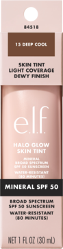 e.l.f. Halo Glow Skin Tint 15 Deep Cool, różowa butelka z białym logo, mineralny SPF 50, przód.