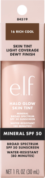 Różowe opakowanie tintu do twarzy elf Halo Glow, 16 Rich Cool, z mineralnym filtrem SPF 50, dewy finish, przód.