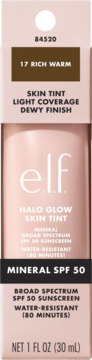 Jasnoróżowe opakowanie e.l.f. Halo Glow Skin Tint 17 Rich Warm, z mineralnym filtrem SPF 50, widok z przodu.