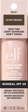 e.l.f. Halo Glow Skin Tint 18 Rich Neutral w różowej butelce, z mineralnym SPF 50, lekkie dewy krycie, front.