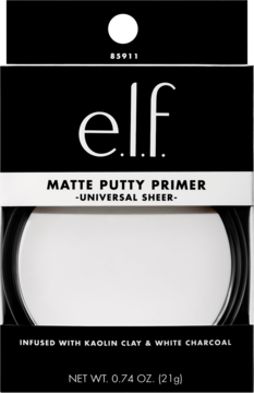 Matująca baza e.l.f. Matte Putty Primer Universal Sheer, czarno-białe opakowanie, widok z przodu.
