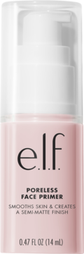 e.l.f. Poreless Face Primer w jasnoróżowej butelce z białą pompką, widok z przodu, dla gładkiej, matowej skóry.