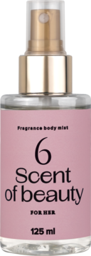 Scent of beauty 6 mgiełka do ciała 125ml dla kobiet, w przezroczystej butelce z różową etykietą i złotym atomizerem, widok z przodu.