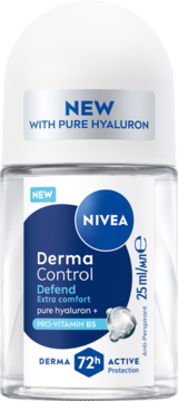 NIVEA Derma Control Defend antyperspirant roll-on 25ml, hialuron, B5, 72h ochrona. Widok z przodu.