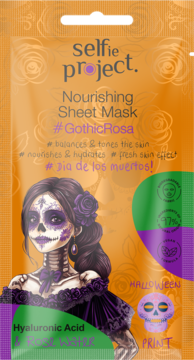 Selfie Project GothicRosa Nourishing Sheet Mask. Orange sachet, sugar skull woman, Hyaluronic Acid, front view.