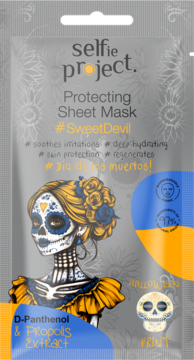 Selfie Project Protecting Sheet Mask #SweetDevil z D-Pantenolem, opakowanie z grafiką Calavera, widok z przodu.