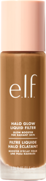 e.l.f. Halo Glow Liquid Filter, rozświetlacz do twarzy, brązowy płyn, różowa nakrętka, widok z przodu.