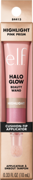 E.l.f. Halo Glow Beauty Wand Pink Prism, różowy rozświetlacz z aplikatorem-gąbeczką w złoto-różowej tubce, w pudełku.