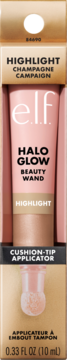 Rozświetlacz e.l.f. Halo Glow Beauty Wand Champagne Campaign w różowej tubce, z aplikatorem-gąbką, w kartonowym opakowaniu.