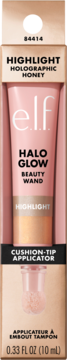 Płynny rozświetlacz e.l.f. Halo Glow w odcieniu Holographic Honey, różowa tubka z aplikatorem, w beżowym opakowaniu.