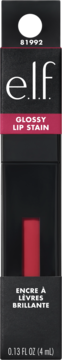 e.l.f. Glossy Lip Stain Fuschia Fantasy, widok z przodu, czarne opakowanie z różowym paskiem.