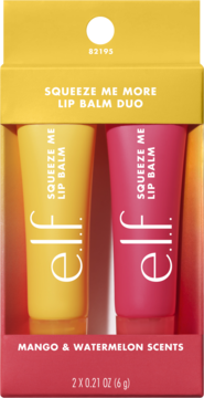 Zestaw e.l.f. Squeeze Me Lip Balm Duo, widok z przodu otwartego pudełka, żółty i różowy balsam, mango i arbuz.