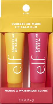 Zestaw e.l.f. Squeeze Me Lip Balm Duo, widok z przodu otwartego pudełka, żółty i różowy balsam, mango i arbuz.
