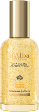 Serum toner d'Alba Vita Toning z kapsułkami, złota butelka z bliska, widok z przodu.