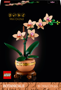Model LEGO Mini Orchid: beżowe kwiaty, zielone liście, brązowa doniczka ze złotym pasem, na podstawce, czarne tło.
