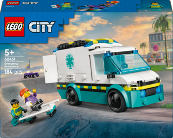Opakowanie LEGO City 60348 Karetka Ratunkowa, z biało-turkusowym ambulansem, figurkami i noszami.