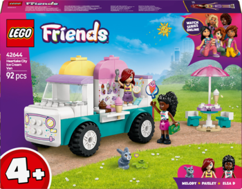 LEGO Friends 42644 Heartlake City Ice Cream Truck, biało-turkusowy, z figurkami i akcesoriami, widok z przodu.