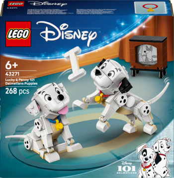 LEGO Disney 101 Dalmatians Lucky & Penny Puppies 43271, pudełko. Dwa biało-czarne klockowe psy, TV, 268 elementów.