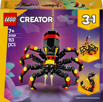 Pudełko LEGO Creator 3in1 31159 z czarno-czerwonym pająkiem, skorpionem i wężem, 153 elementy.