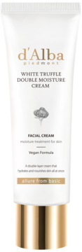 Krem d'Alba White Truffle Double Moisture Cream w białej tubce ze złotym spodem, widok frontalny.