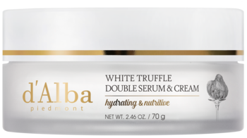 d'Alba White Truffle Double Serum & Cream w białym słoiku ze złotym paskiem, widok z przodu.