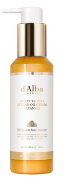 D'Alba White Truffle Return Oil Cream Cleanser (Oil-Cream to Foam) w biało-złotej butelce z pompką, widok z przodu.