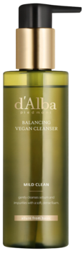 D'Alba Piedmont Balancing Vegan Cleanser, oliwkowy żel do mycia twarzy w butelce z czarną pompką, widok z przodu.
