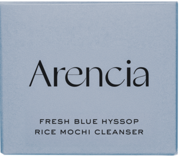 Arencia Fresh Blue Hyssop Rice Mochi Cleanser w jasnoniebieskim, prostokątnym pudełku, widok z przodu i góry.