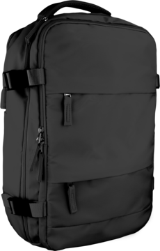 Czarny plecak podróżny, widok pod kątem, z boku widoczne paski kompresyjne i liczne suwaki.