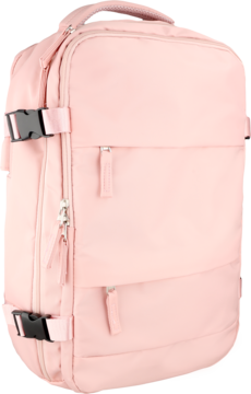 Różowy plecak kabinowy z licznymi kieszeniami na zamki i bocznymi klamrami, ujęcie z boku pod kątem.