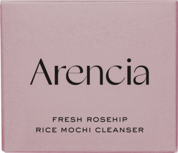 Różowe pudełko Arencia Fresh Rosehip Rice Mochi Cleanser, widok z przodu, czarny napis i logo.