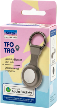 Setty TFO TAG Bluetooth lokalizator w ciemnoszarej obudowie z metalowym kółkiem, w różowo-niebieskim opakowaniu, dla Apple Find My.