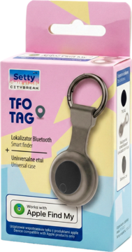 Różowo-niebieskie opakowanie Setty TFO TAG Bluetooth smart finder z widocznym czarnym brelokiem kompatybilnym z Apple Find My.