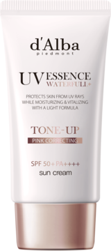 Biała tubka kremu d'Alba UV Essence Waterfull+ Tone-Up Pink Correcting, SPF 50+, z różowo-złotym spodem, widok z przodu.